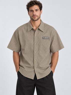 Aelfric Eden Plaid Short Sleeve Boxy Button Down Shirt Brown